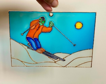 Skier Suncatcher, Skiing Glass Art, Skiing Decor, Skiing Glass Painting, Mountain Chalet piece, ski resort collectible, skiing art for Home