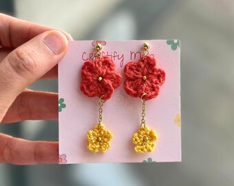 Micro Crochet Flower Earrings: Yellow & Orange Floral Jewelry
