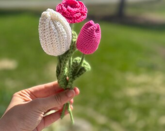Hand-Stitched Crochet Flower Bouquet – Everlasting Tulips and Rose Arrangement