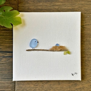 Mini Sea Glass Art, Bird on Branch with Wooden Easel, Coastal Decor, Handmade Gift for new parents, baby shower gift, new baby keepsake