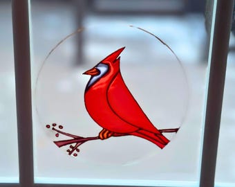 Hand Painted Cardinal Suncatcher, 5" Round Acrylic Window Hanging