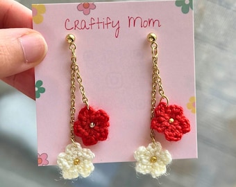 Handmade Crochet Canada Flag Earrings: Floral Patriotic Jewelry
