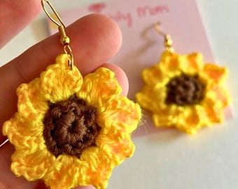 Handmade Crochet Sunflower Earrings: Boho Floral Dangles