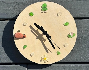 Sea Glass Wall Clock, Four Seasons Botanical Art, Handmade Plywood Decor