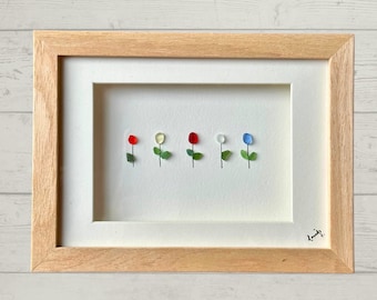 Sea Glass Tulip Art – Minimalist Floral Wall Decor, Beige Frame