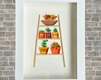 3D Quilling Plant Ladder Framed Artwork - Botanical Paper Quill Wall Decor - Handcrafted Nature-Inspired Quilled Plants in Unique 3D Design