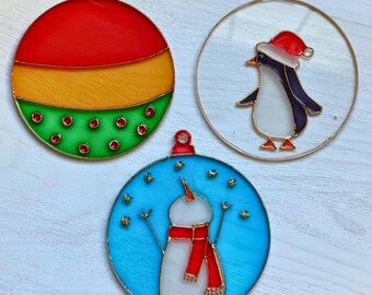 Hand Painted Christmas Suncatchers, Penguin Snowman Bauble Ornaments