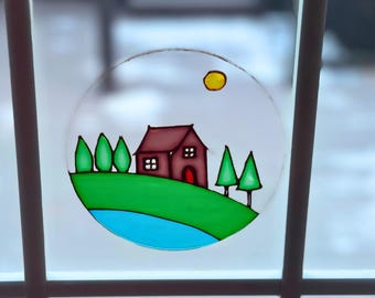 Hand Painted Cottage Suncatcher, Acrylic Window Decor, Cottagecore Art