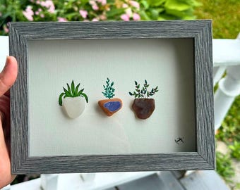 Sea Glass Pottery Succulent Art, Hand-Painted Botanical Coastal Decor, 5x7 Framed Wall Art