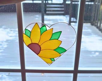 Hand Painted Sunflower Heart Suncatcher, Acrylic Window Decor
