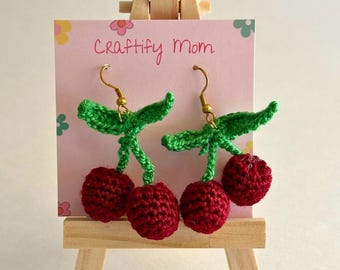 Handmade Crochet Cherry Earrings: Quirky Fruit Jewelry