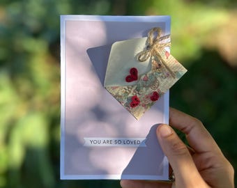 Handmade Love Card: Quilled Hearts, Mini Vintage Envelope