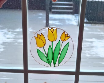 Hand Painted Yellow Tulip Suncatcher, Acrylic Floral Window Decor