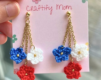 Handmade Crochet American Flag Earrings: 4th of July Jewelry