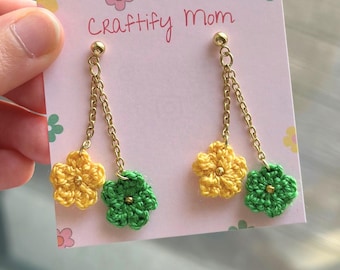 Handmade Crochet Flower Earrings: Yellow & Green Boho Jewelry
