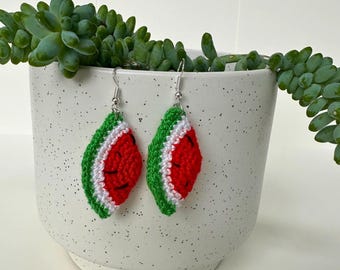 Handmade Crochet Watermelon Earrings: Lightweight Cotton Dangles