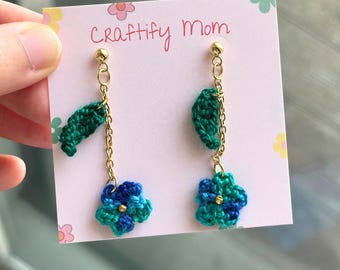 Handmade Crochet Floral Earrings: Teal Flower & Leaf Boho Jewelry