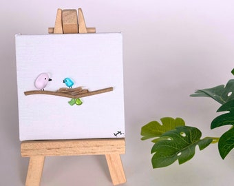 Miniature Sea Glass Bird Art: Beach Pebble Painting with Easel