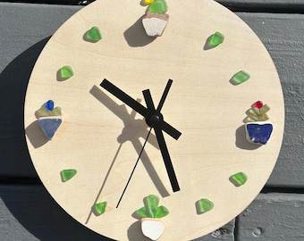 Handmade Sea Glass Plant Clock, Coastal Plywood Wall Art (20cm)