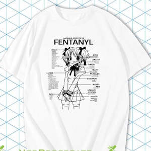 May include: White t-shirt with a black graphic illustrating the harmful effects of fentanyl. The design includes an anime-style character with labeled body parts and the text "HARMFUL EFFECTS OF FENTANYL". The brand name "nzrprocreate" is at the bottom.