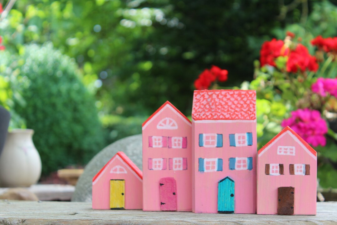 Set of 4 Small Wooden Houses, Handpainted, Small Wooden Village, Wood