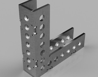 May include: A silver metal corner bracket with multiple holes for connecting other pieces. The bracket is made of sturdy metal and is designed for use in construction or DIY projects.