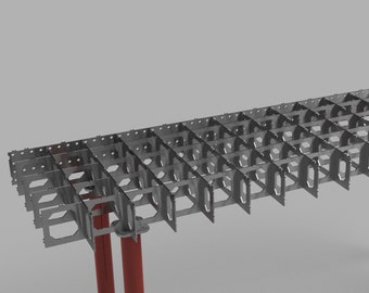 May include: A metal grid structure with red support beams. The grid is made of multiple connected metal frames. The structure is elevated above the ground.