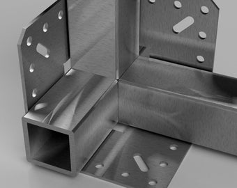 May include: A metal corner bracket with multiple holes for screws or bolts. The bracket is designed to connect two pieces of metal at a 90-degree angle.