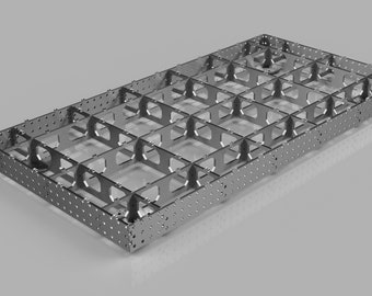 May include: A silver metal frame with a grid pattern and multiple holes. The frame is made of metal bars and has a rectangular shape.