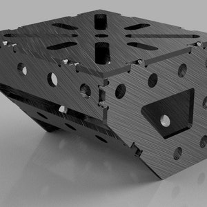 May include: A black metal corner bracket with multiple holes and slots for connecting other brackets. The bracket is made of a sturdy material and has a brushed finish.