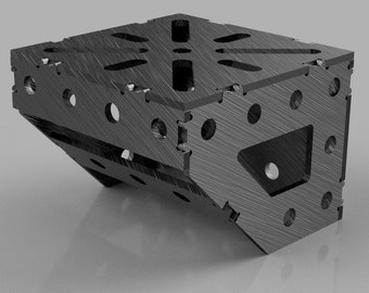 May include: A black metal corner bracket with multiple holes and slots for connecting other brackets. The bracket is made of a sturdy material and has a brushed finish.