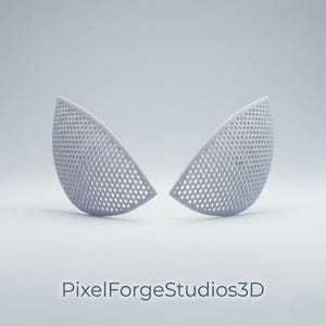 K&ouml;nnte beinhalten: Zwei graue, halbkreisf&ouml;rmige Objekte mit perforiertem Design, die Augenformen &auml;hneln, werden vor einem hellen Hintergrund dargestellt. Der Text "PixelForgeStudios3D" befindet sich unten.