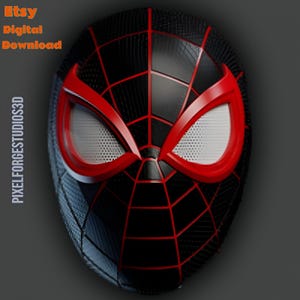 K&ouml;nnte beinhalten: Eine schwarze und rote Spider-Man-Maske mit wei&szlig;en Augenlinsen. Die Maske hat ein Spinnennetz-Design und rote Akzente um die Augen. Der Text "Etsy Digital Download" und "PIXELFORGESTUDIOS3D" sind sichtbar.
