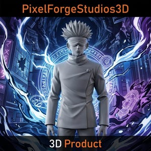 Può includere: Una statuetta grigia stampata in 3D di un personaggio con capelli a punta e una benda sugli occhi, che indossa una giacca a collo alto. Lo sfondo presenta un'illustrazione digitale blu e viola con simboli circolari luminosi e il testo PixelForgeStudios3D.