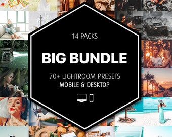 Bundel met 70 professionele Lightroom-presets voor foto's: Instagram-esthetiek, filmisch, reizen, mobiel, desktop. Downloaden