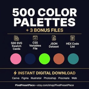 May include: Digital download graphic featuring "500 COLOR PALETTES + 3 BONUS FILES." Includes SVG swatch cards, CSS variables, JSON dataset, and HEX code list. The download is compatible with Canva, Figma, Illustrator, Photoshop, Procreate, and Web applications. PixelPresetPlace.