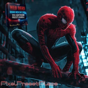Può includere: Illustrazione digitale di Spider-Man accovacciato, con un costume rosso e nero. L'immagine include una scatola del prodotto con il testo "WEB HERO BRAND NEW DAY 2026 120 LIGHTROOM PRESETS BUNDLE". Il logo PixelPresetPlace è in basso.