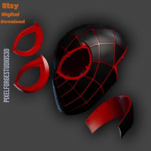 K&ouml;nnte beinhalten: Eine schwarze und rote Miles Morales Spider-Man-Maske mit separaten roten Augenteilen und einer unteren Gesichtskomponente. Die Maske hat ein gitterartiges Muster mit roten Linien. Das Etsy Digital Download-Logo befindet sich oben links.