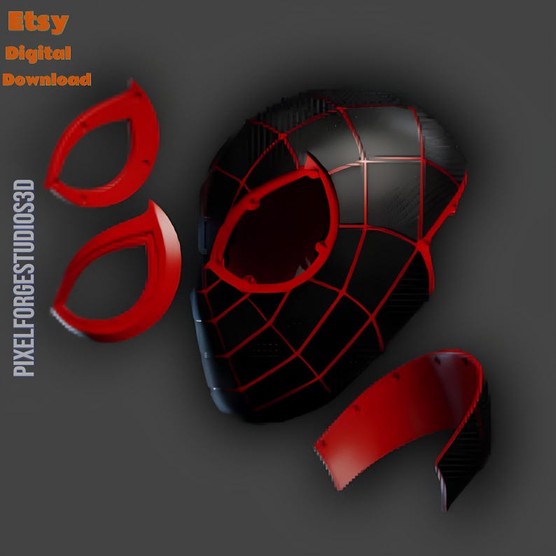 K&ouml;nnte beinhalten: Eine schwarze und rote Miles Morales Spider-Man-Maske mit separaten roten Augenteilen und einer unteren Gesichtskomponente. Die Maske hat ein gitterartiges Muster mit roten Linien. Das Etsy Digital Download-Logo befindet sich oben links.