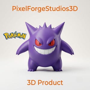 Può includere: Una statuetta viola di Gengar con occhi rossi e un ampio sorriso bianco con denti affilati. L'immagine include il testo PixelForgeStudios3D, il logo Pokémon e il testo 3D Product. Il personaggio ha orecchie a punta e un corpo arrotondato.
