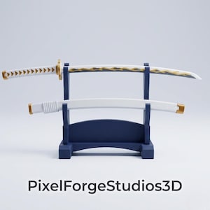 Può includere: Due spade katana decorative bianche e dorate esposte su un supporto blu scuro. Le spade presentano disegni intricati sulle lame e sulle impugnature. Il testo "PixelForgeStudios3D" è in basso.