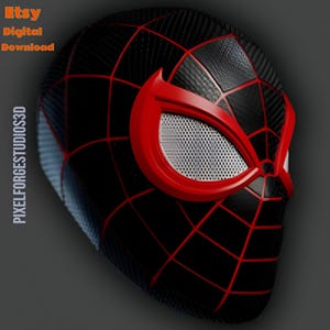 K&ouml;nnte beinhalten: Eine schwarz-rote Spider-Man-Maske mit einem Netzmuster und roten Augenrahmen. Die Maske hat eine strukturierte Oberfl&auml;che und eine Augenabdeckung aus Mesh. Die W&ouml;rter "Etsy Digital Download" und "PIXELFORGESTUDIOS3D" sind sichtbar.