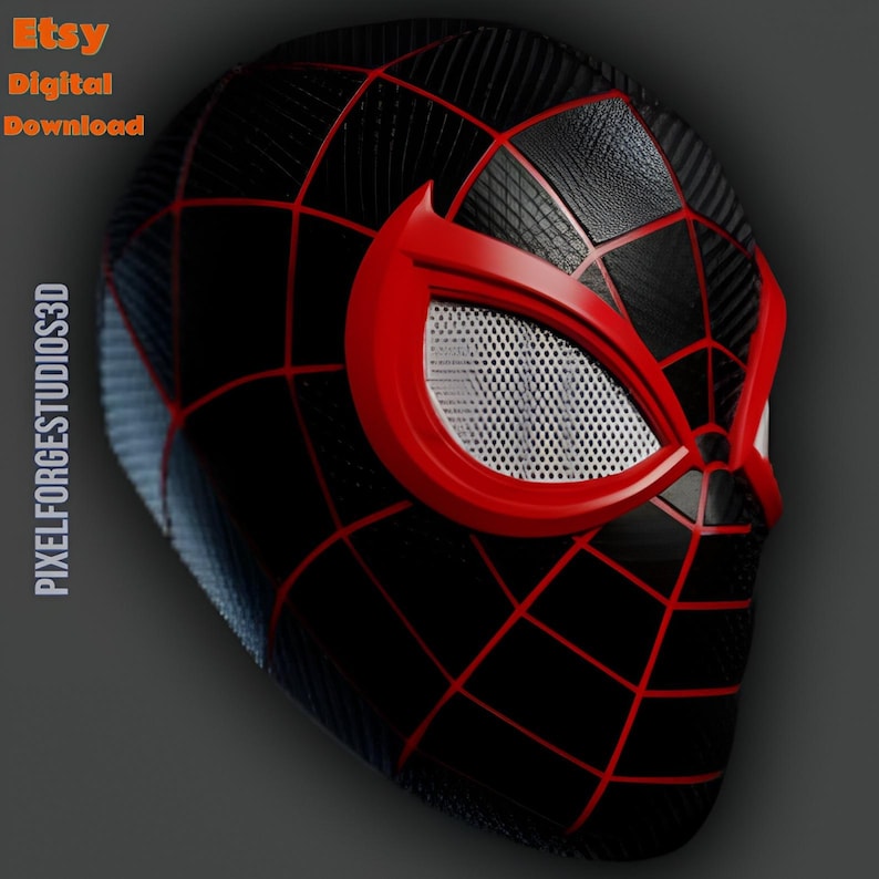 K&ouml;nnte beinhalten: Eine schwarz-rote Spider-Man-Maske mit einem Netzmuster und roten Augenrahmen. Die Maske hat eine strukturierte Oberfl&auml;che und eine Augenabdeckung aus Mesh. Die W&ouml;rter "Etsy Digital Download" und "PIXELFORGESTUDIOS3D" sind sichtbar.