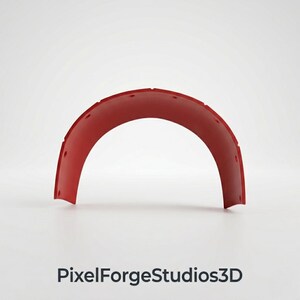 K&ouml;nnte beinhalten: Ein leuchtend rotes, bogenf&ouml;rmiges Objekt mit mehreren kleinen L&ouml;chern entlang der Oberkante. Das Objekt ist vor einem schlichten wei&szlig;en Hintergrund platziert. Der Text "PixelForgeStudios3D" ist unten zu sehen.