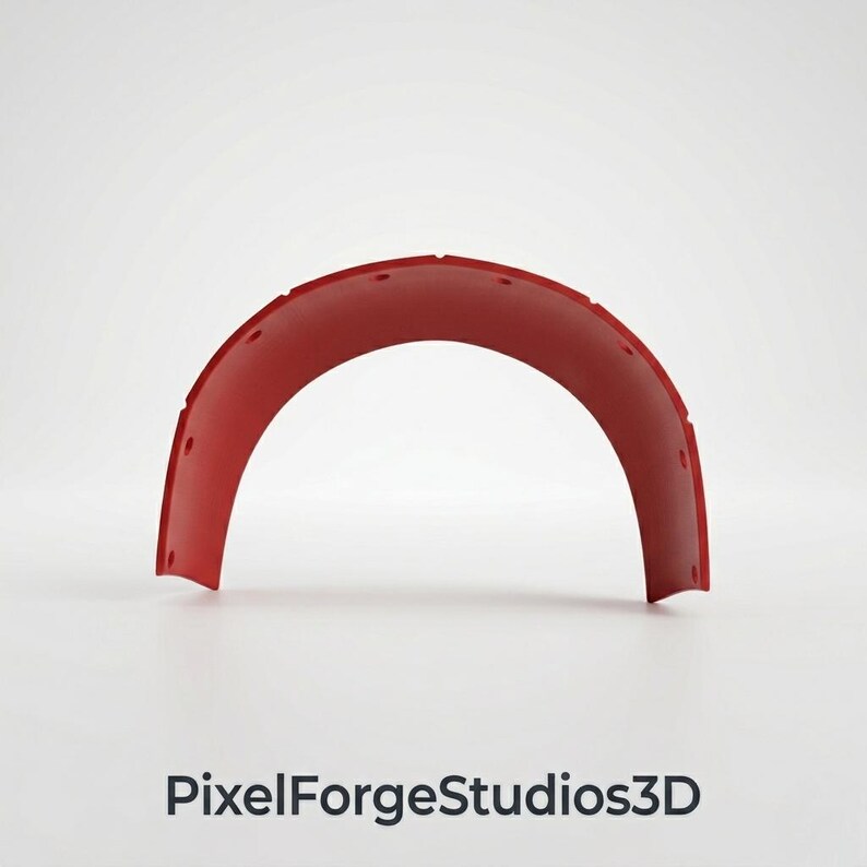 K&ouml;nnte beinhalten: Ein leuchtend rotes, bogenf&ouml;rmiges Objekt mit mehreren kleinen L&ouml;chern entlang der Oberkante. Das Objekt ist vor einem schlichten wei&szlig;en Hintergrund platziert. Der Text "PixelForgeStudios3D" ist unten zu sehen.