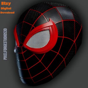 K&ouml;nnte beinhalten: Schwarze und rote Spider-Man-Maske mit einem Netzmuster. Die Maske hat einen roten Augenrahmen und eine Augenabdeckung aus Mesh. Das Etsy Digital Download-Logo befindet sich in der oberen linken Ecke. Der Text "PIXELFORGESTUDIOS3D" befindet sich auf der linken Seite.