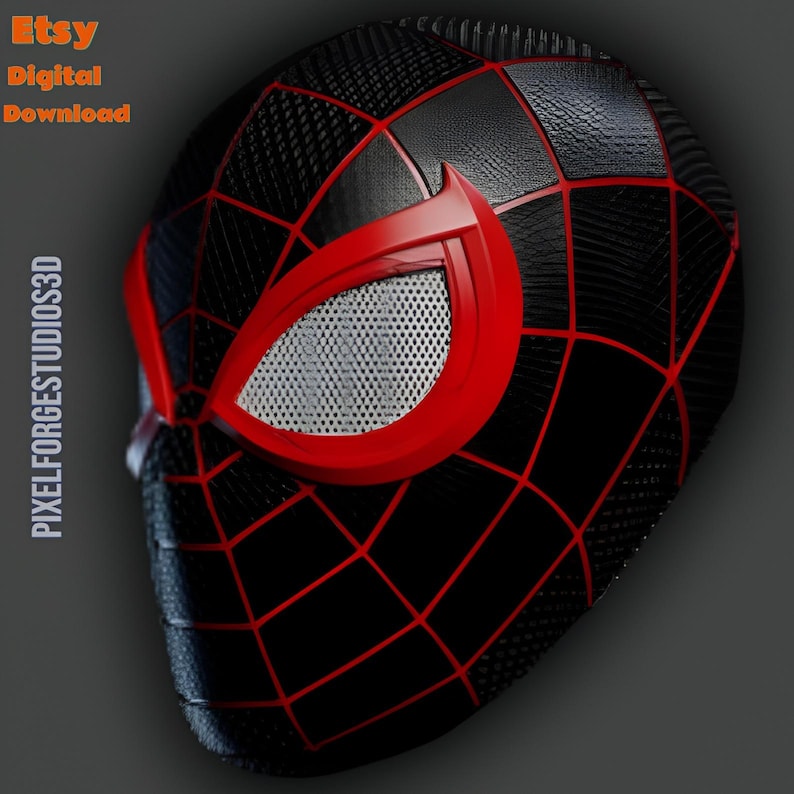 K&ouml;nnte beinhalten: Schwarze und rote Spider-Man-Maske mit einem Netzmuster. Die Maske hat einen roten Augenrahmen und eine Augenabdeckung aus Mesh. Das Etsy Digital Download-Logo befindet sich in der oberen linken Ecke. Der Text "PIXELFORGESTUDIOS3D" befindet sich auf der linken Seite.