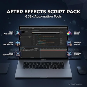 Può includere: Un laptop che mostra l'After Effects Script Pack con 6 strumenti di automazione JSX. Lo schermo mostra codice e icone per l'animazione del testo, l'organizzatore di livelli, il controller nullo, il colore solido, la coda di rendering e lo shake della fotocamera. Il testo "AFTER EFFECTS SCRIPT PACK" è in alto.