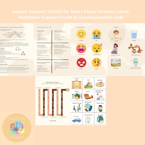May include: An autism support toolkit for kids with visual routine cards, a meltdown support guide, and communication aids. The toolkit includes charts with feelings, needs, and daily activities. The color palette is soft, with illustrations and text.