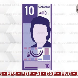10 dollari CAD SVG, dollaro canadese, Canada, soldi in formato Svg, valuta canadese in formato Svg, contanti in formato Svg, dollaro Png, clipart, file da 10 dollari canadesi, nota